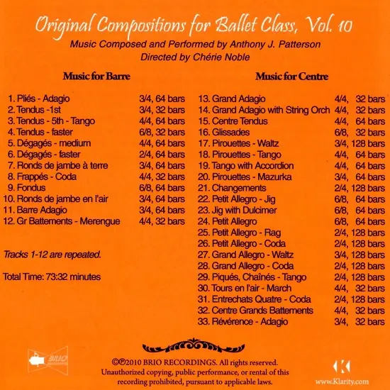 Original Compositions For Ballet Class, Vol.10 バレエレッスンCD　トラックリスト