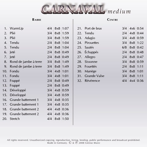 Carnaval for Ballet（ミディアム）　バレエレッスンCD　トラックリスト