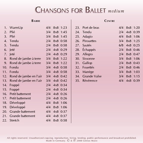 Chansons for Ballet (ミディアム)　バレエレッスンCD　トラックリスト