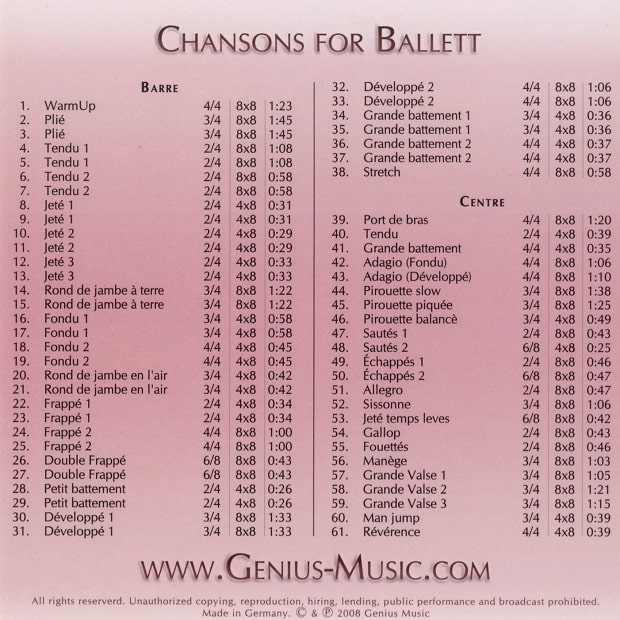 Chansons for Ballet　バレエレッスンCD　トラックリスト