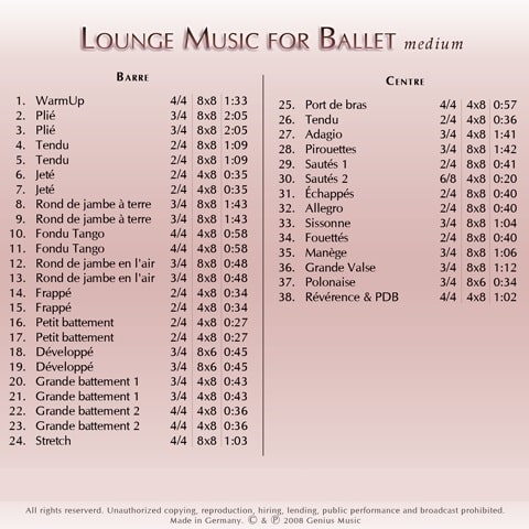 Lounge for Ballet（ミディアム）　バレエレッスンCD　トラックリスト