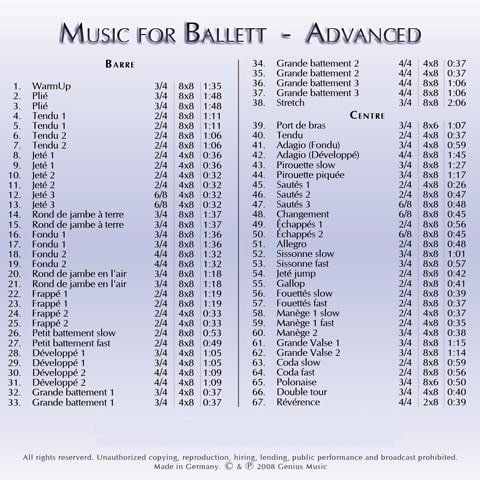 Music for Ballet Advanced　バレエレッスンCD　トラックリスト