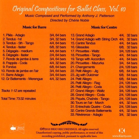 Original Compositions For Ballet Class, Vol.10 バレエレッスンCD　トラックリスト