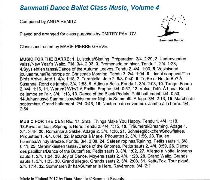 Sammatti Dance Ballet Class Music Vol.4　バレエレッスンCD　トラックリスト