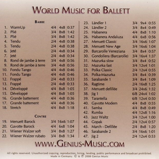 World Music for Ballet　バレエレッスンCD　トラックリスト